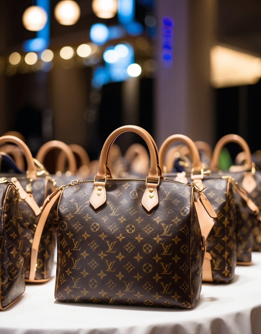 A table scattered with counterfeit Louis Vuitton bags, each adorned with the iconic monogram pattern and gold hardware