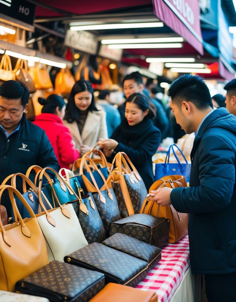 A bustling market stall displays a variety of replica Louis Vuitton bags, with customers browsing and haggling with the vendor