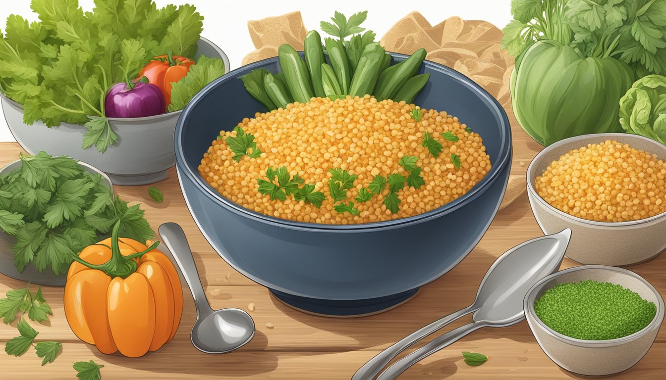 A bowl of bulgur wheat surrounded by fresh vegetables and herbs, with a pot and utensils nearby