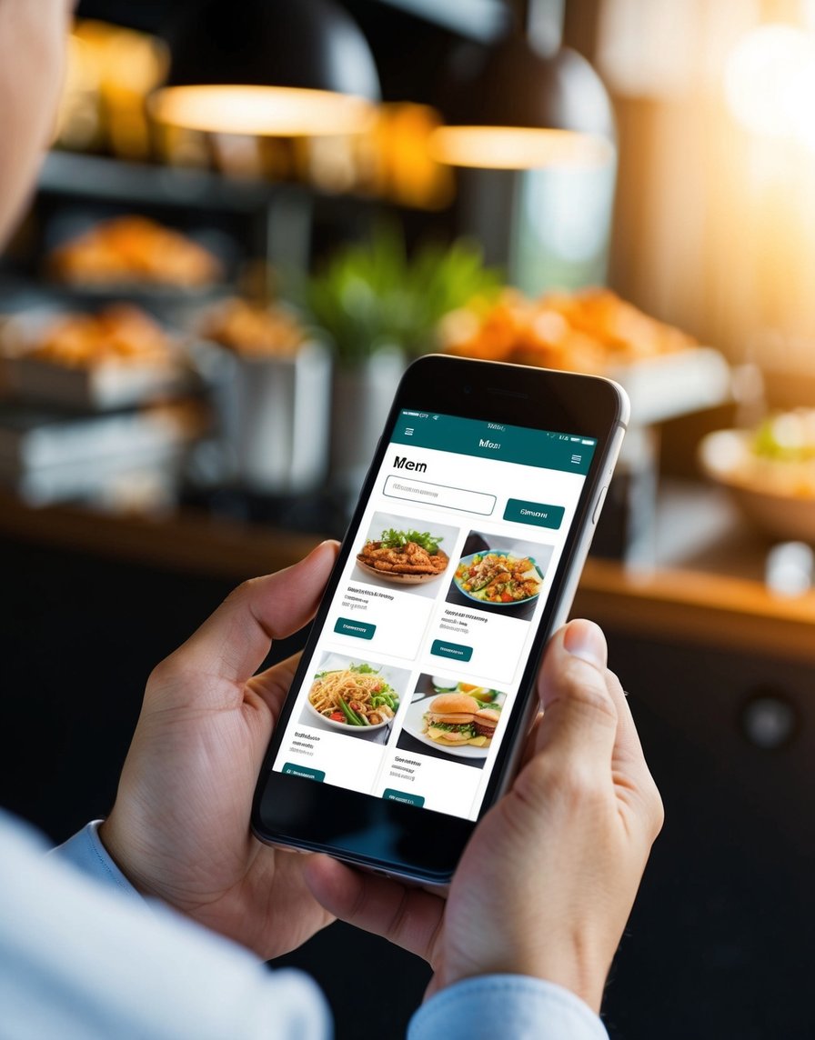 A person using a smartphone to browse a menu with various food items and adding them to a virtual cart for online ordering
