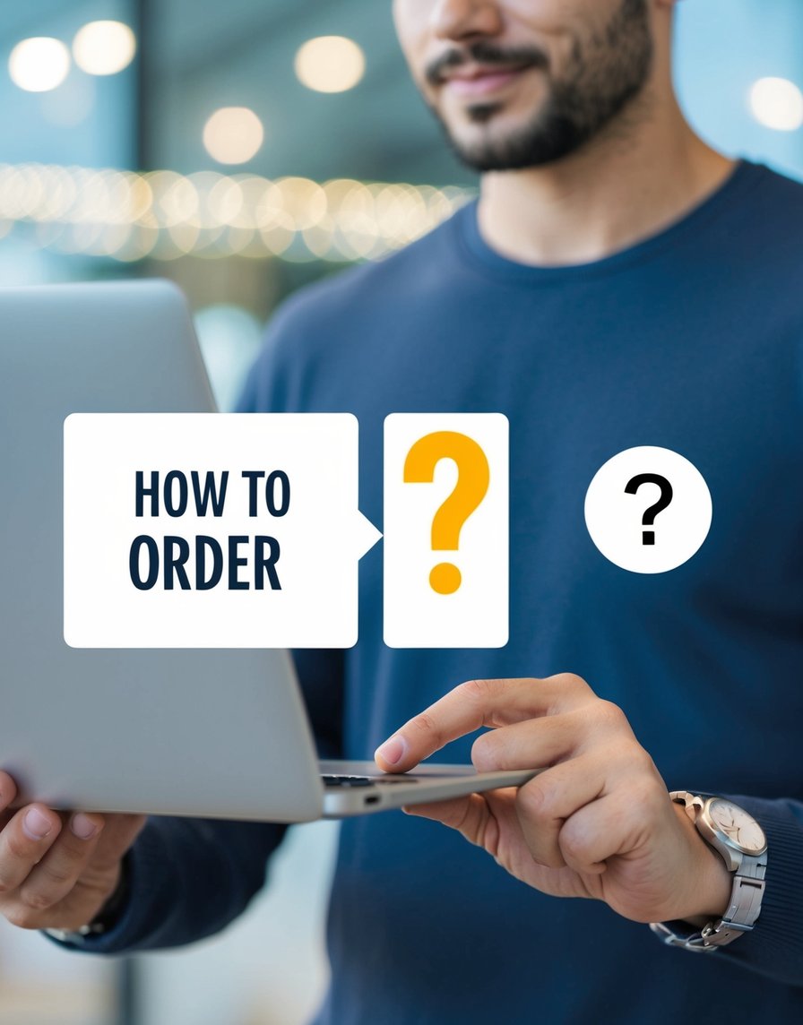 A customer browsing a website, clicking on a "How to Order" section with a question mark icon