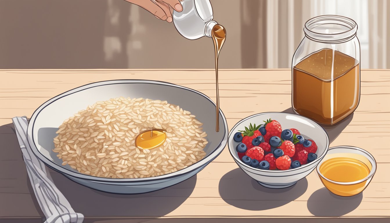 A pot of simmering brown rice syrup being drizzled over a bowl of oatmeal, with a jar of the syrup and a handful of fresh berries nearby