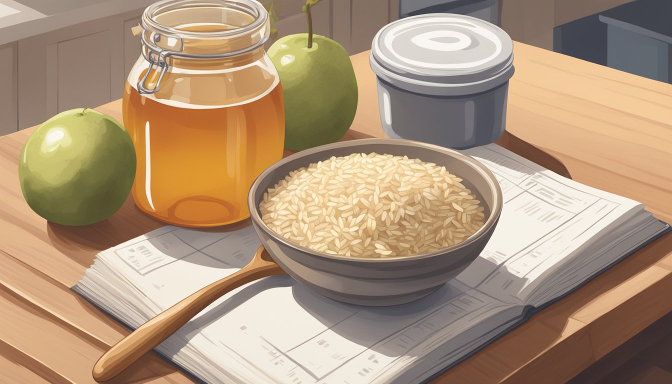 A jar of brown rice syrup sits next to a bowl of fresh fruit, a wooden spoon, and a recipe book on a kitchen counter