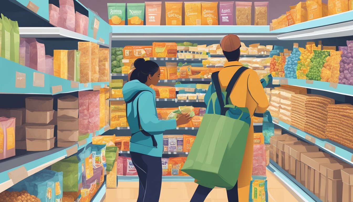 A person browsing through a variety of tempeh packages at a grocery store, with colorful packaging and labels displayed on the shelves