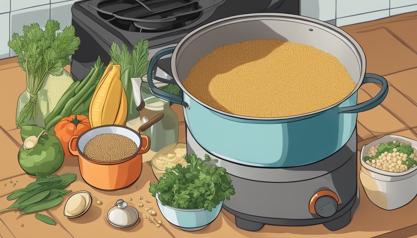 A pot filled with quinoa simmering on a stove, surrounded by various ingredients like vegetables, herbs, and a measuring cup of water