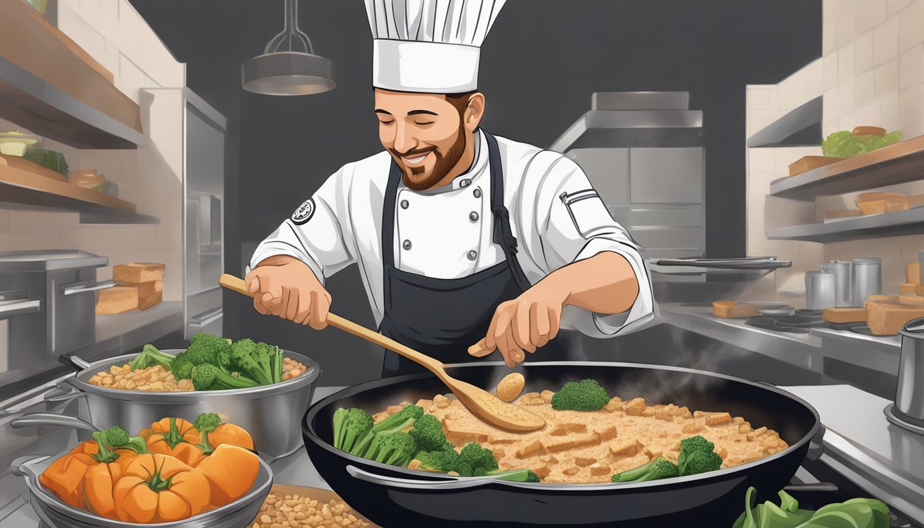 A chef stirs almond butter into a sizzling skillet of vegetables and tofu, adding depth and richness to the savory dish