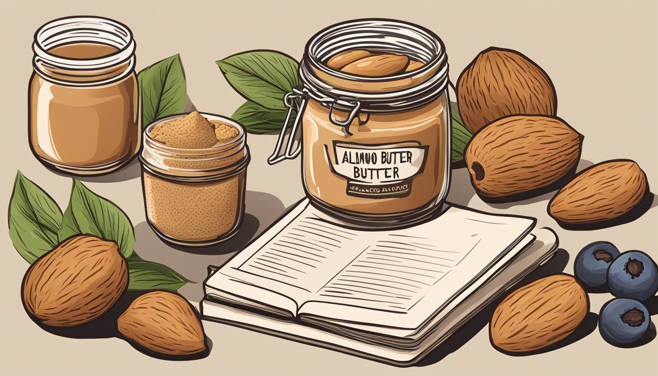 A jar of almond butter sits next to a spreader, surrounded by various nuts and fruits. A recipe book is open to a page on cooking with almond butter