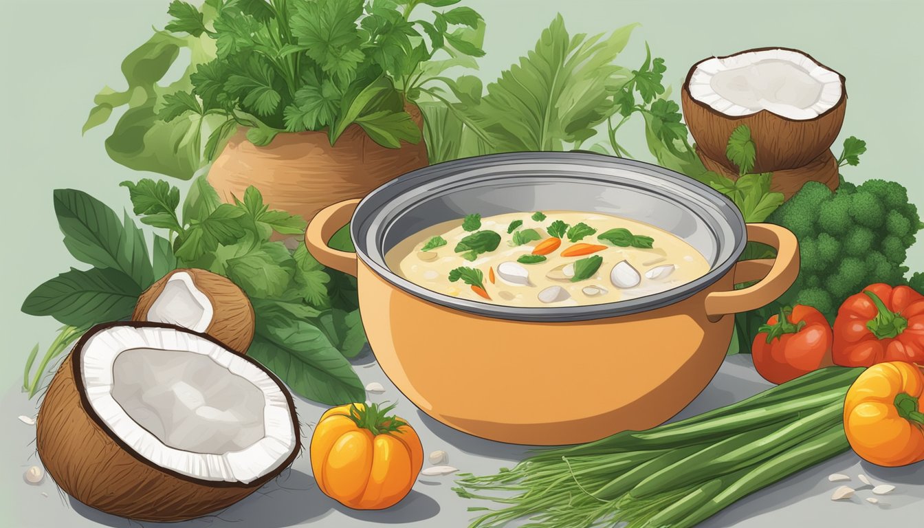 A pot simmering with coconut milk, surrounded by various vegetables and herbs