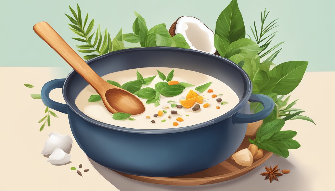 A pot simmering with coconut milk, surrounded by vibrant herbs and spices, a wooden spoon stirring the creamy mixture