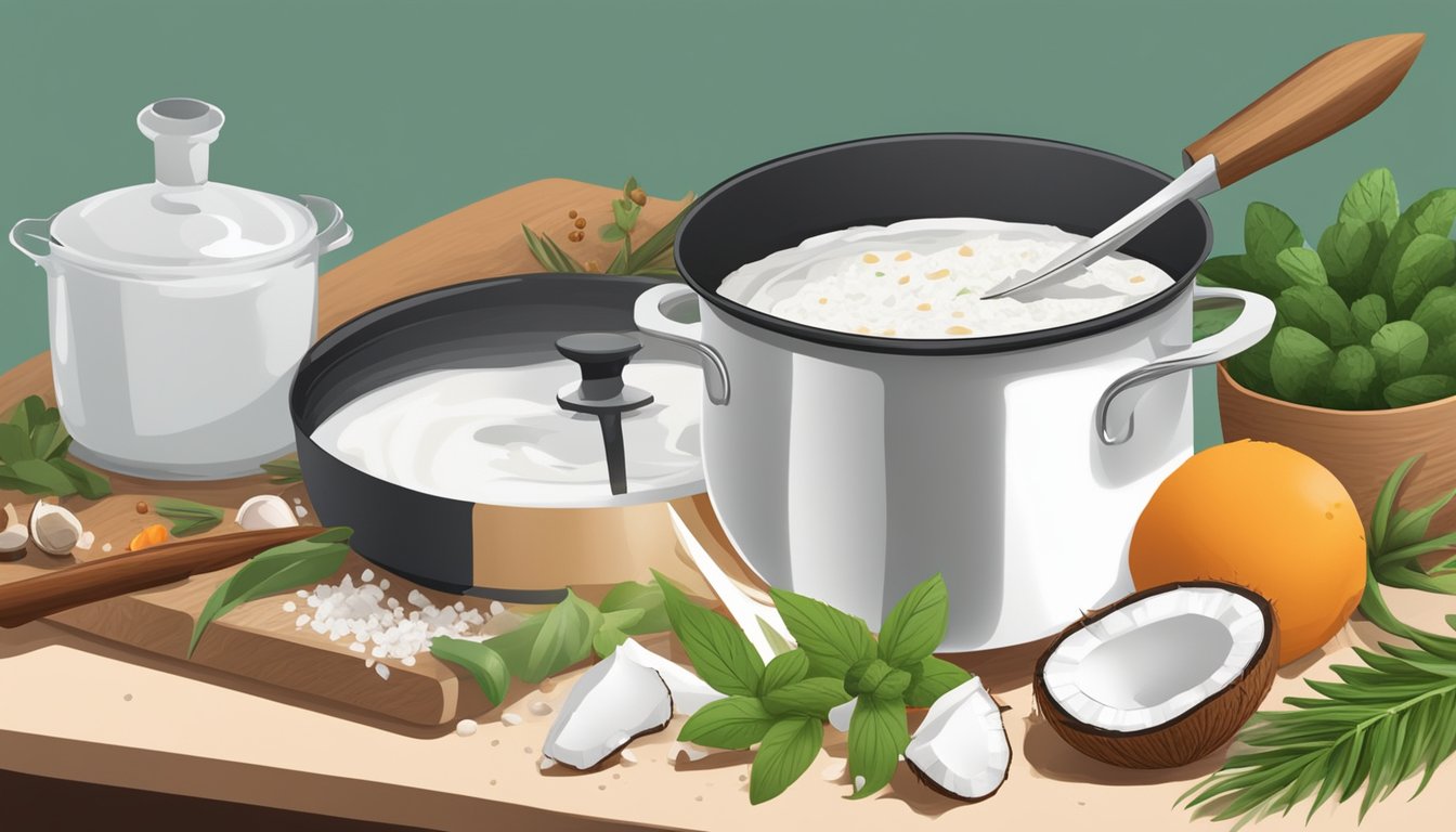 A pot of coconut milk simmering on a stovetop, surrounded by various herbs and spices. A chef's knife and cutting board sit nearby