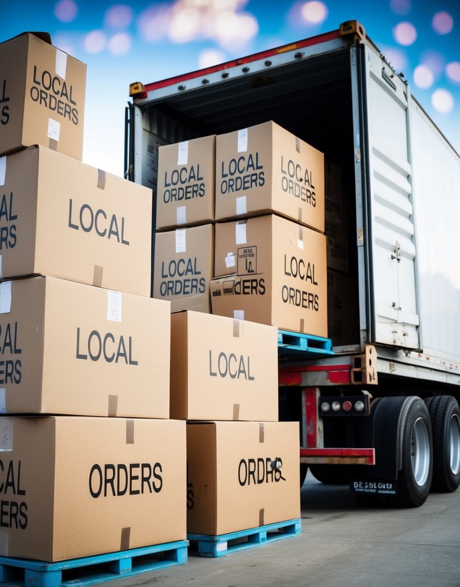 A stack of cardboard boxes labeled "LOCAL ORDERS" being loaded onto a shipping truck