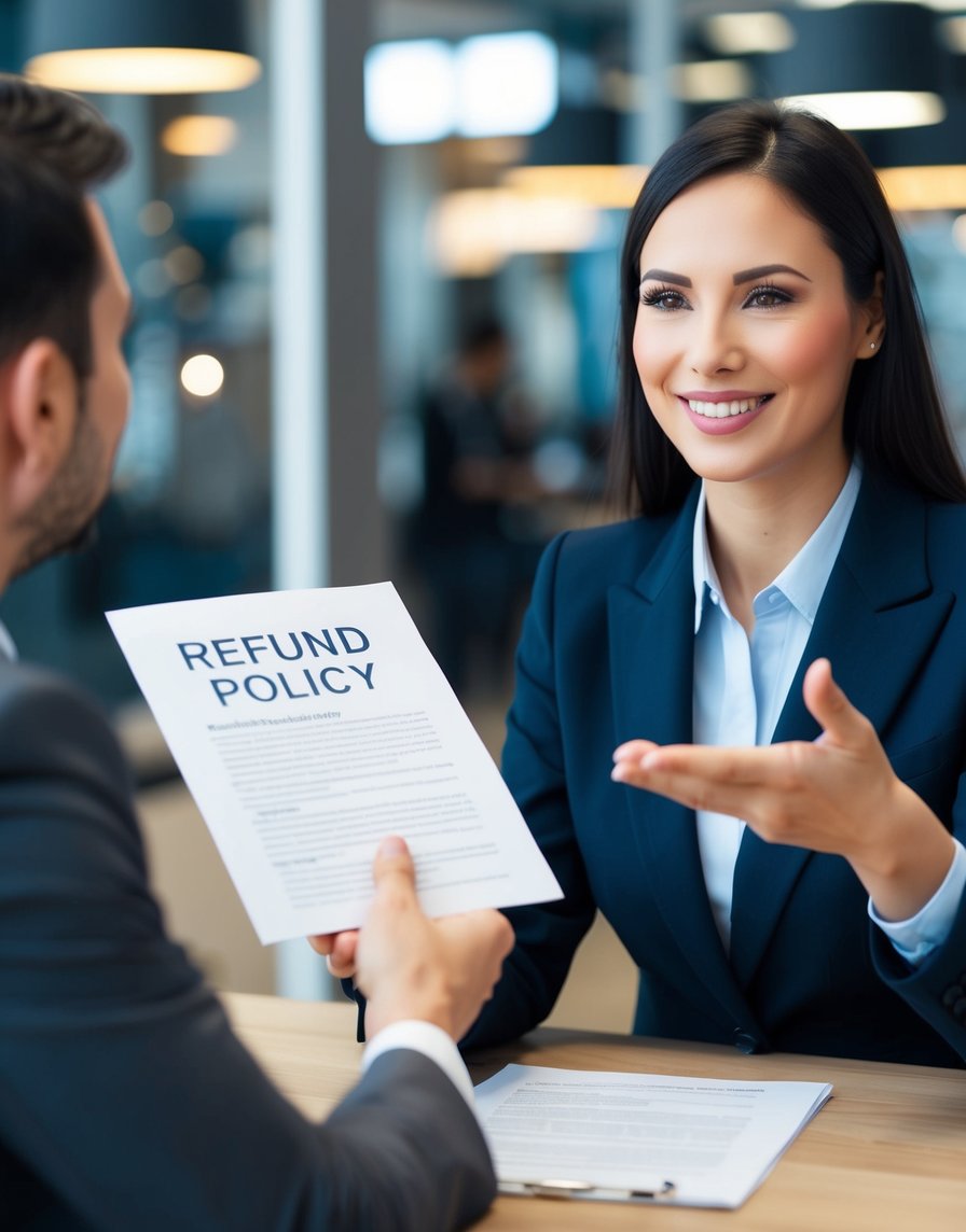 A customer service representative explaining the refund policy to a customer, with a smiling face and a gesture of reassurance
