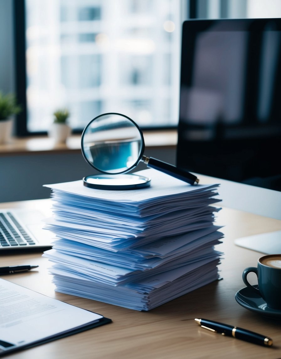 A stack of legal documents with a magnifying glass on top, surrounded by a computer, pen, and coffee cup on a desk