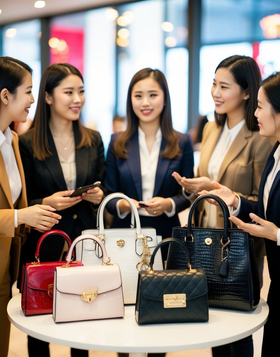 A table with various women's bags, surrounded by customers asking questions