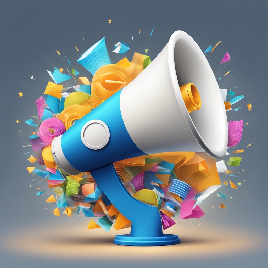 A large megaphone morphing into a powerful magnet, attracting various types of content and audiences in a dynamic display of transformation