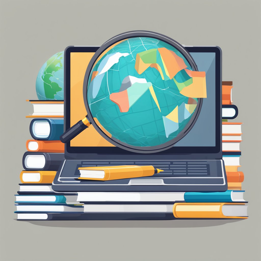 A laptop surrounded by a stack of books and a globe, with a magnifying glass on top, symbolizing research and knowledge for content marketing SEO services