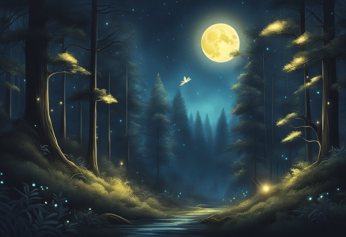 A glowing Mooncrest Firefly hovers in a dark, mystical forest