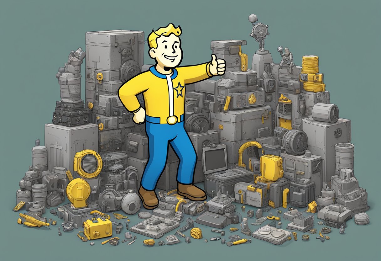 A Vault Boy Bobblehead surrounded by 10 3D prints of various items from the 'Fallout' video game