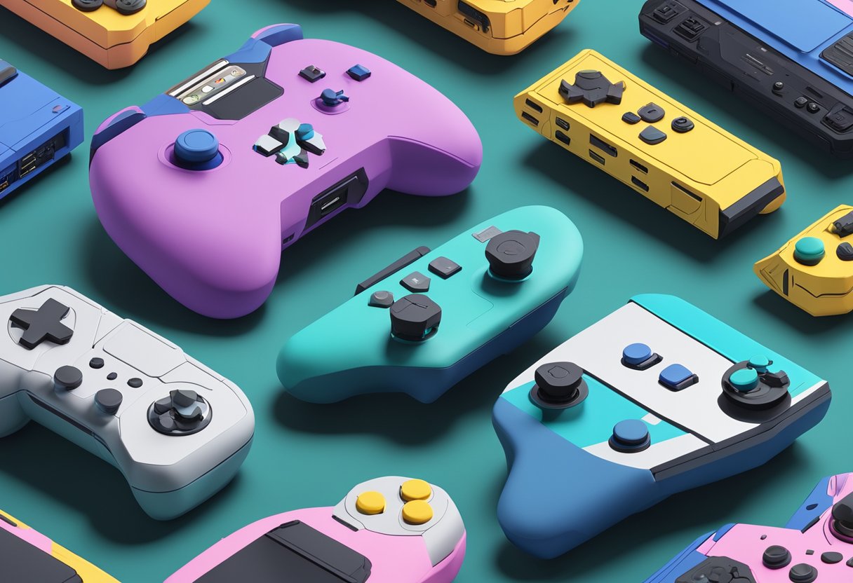 A futuristic gaming console surrounded by 10 intricate 3D printed models of video game characters and objects