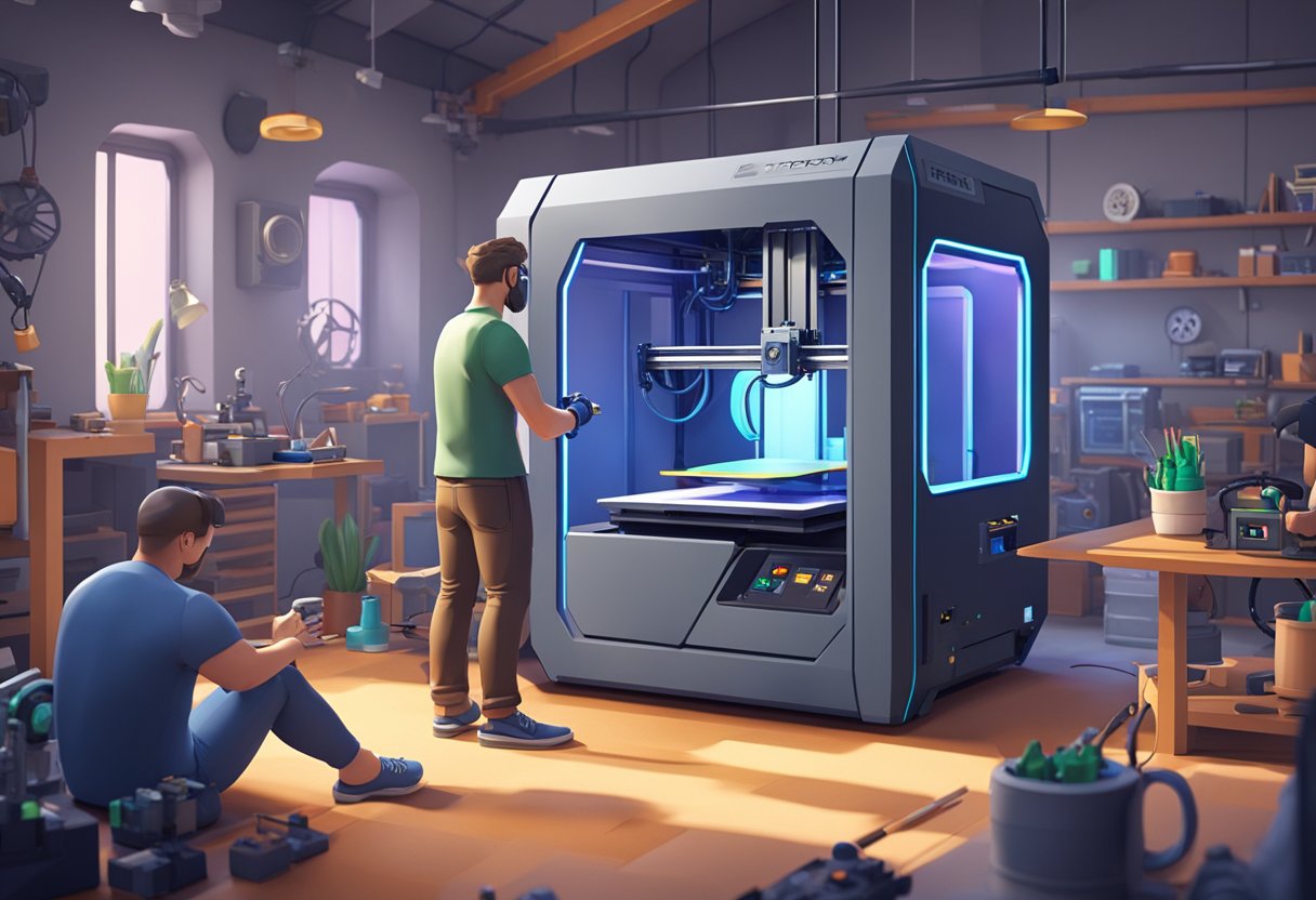 A 3D printer creating intricate video game models, showcasing detailed characters and props from the game in a high-tech workshop setting