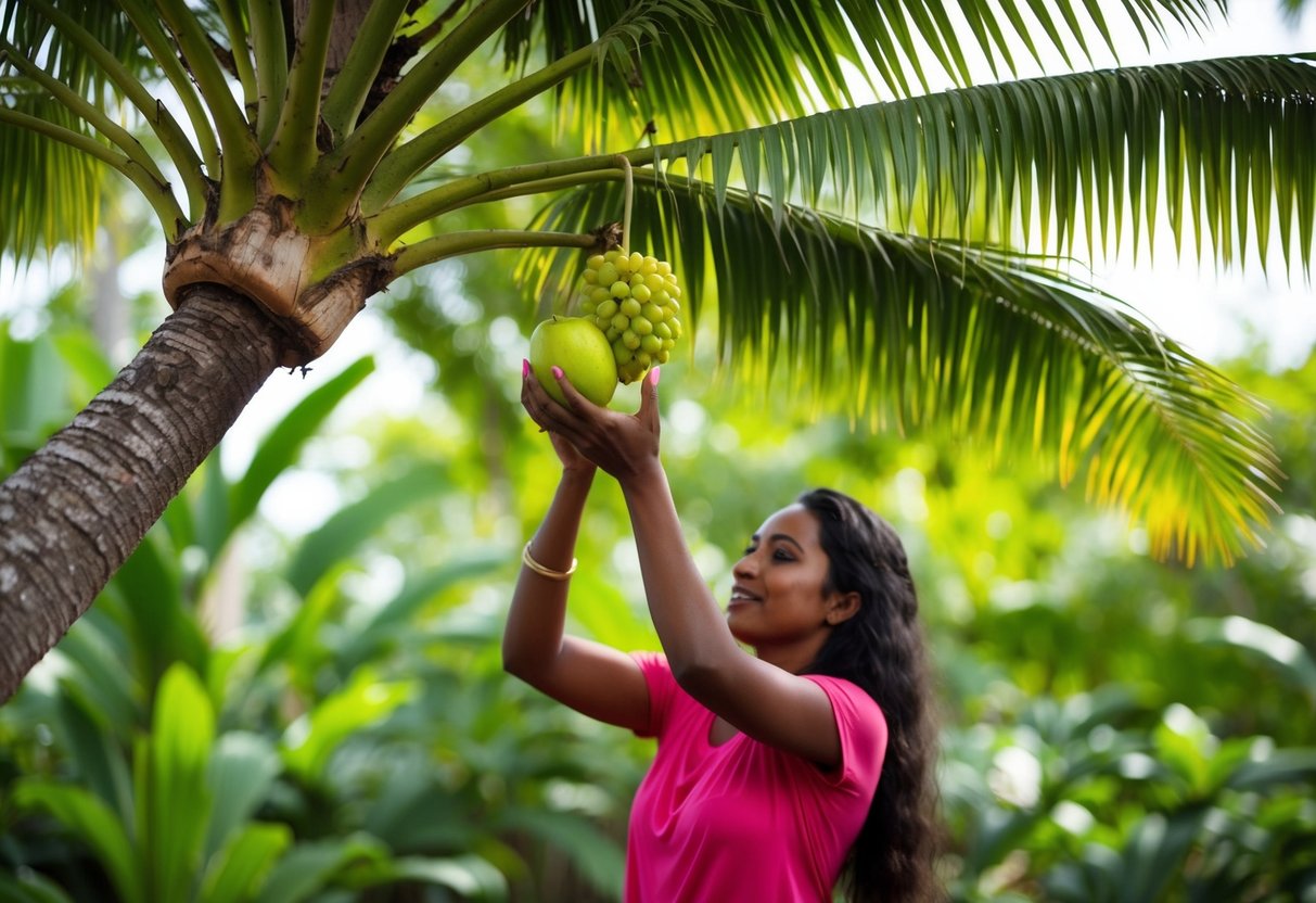 A tropical forest with a woman collecting batana fruit from a palm tree