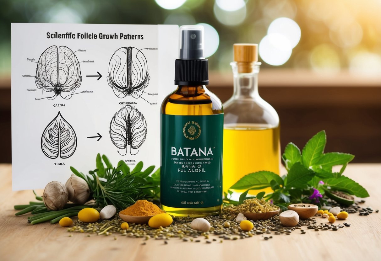 A bottle of batana oil surrounded by various botanical ingredients, with a scientific diagram showing hair follicles and growth patterns