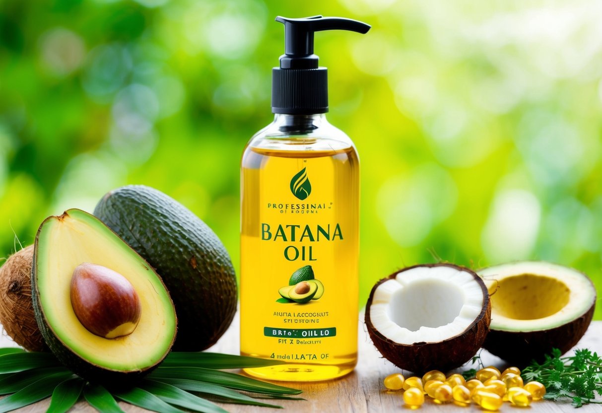 A bottle of batana oil surrounded by vibrant, healthy-looking hair strands and a selection of natural ingredients like avocados and coconuts