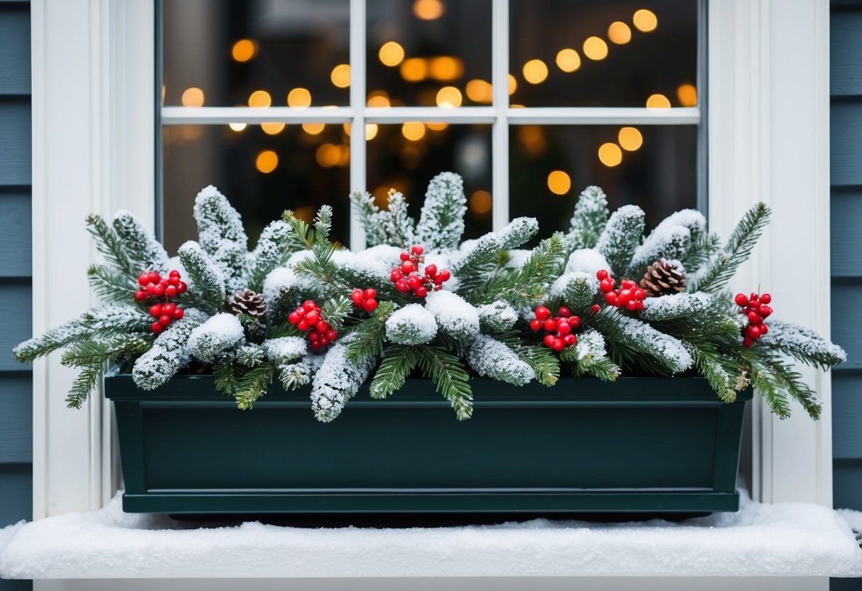 A snowy window box adorned with festive greenery, red berries, and twinkling lights