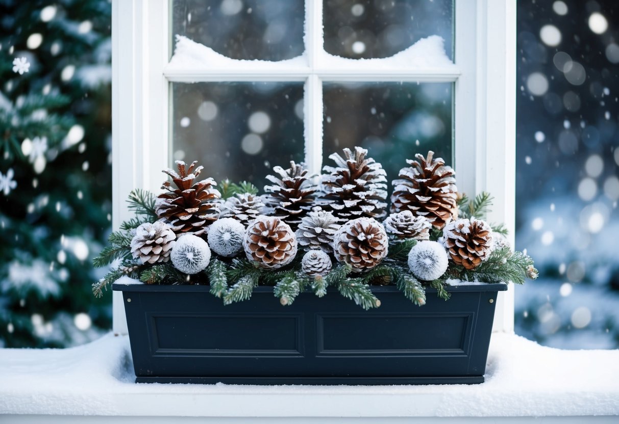 A window box filled with frosted pinecones and other festive decorations, set against a snowy backdrop