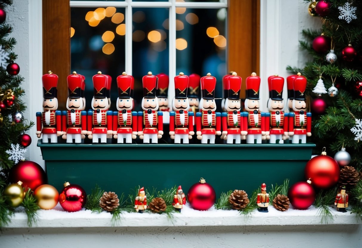 A window box filled with 15 mini Nutcracker soldiers surrounded by festive Christmas decorations