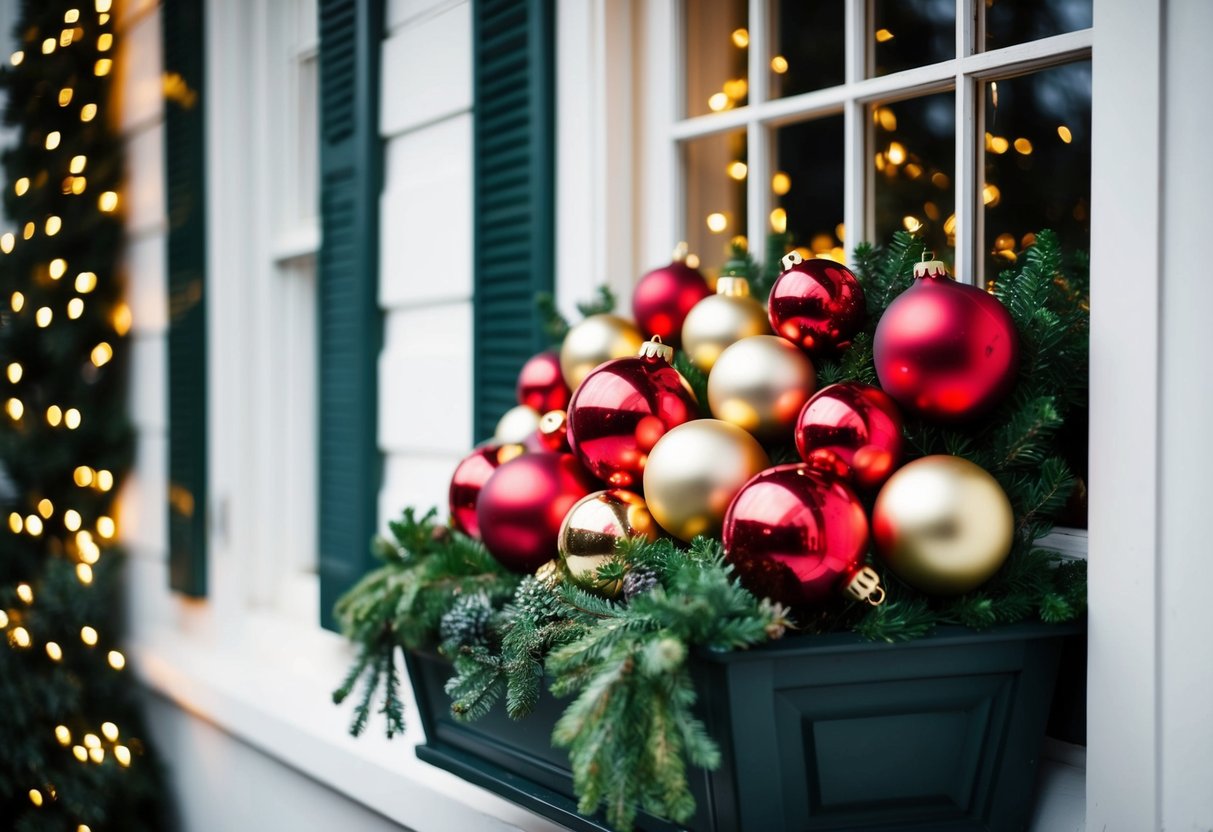 A window box filled with red and gold baubles, surrounded by greenery and twinkling lights