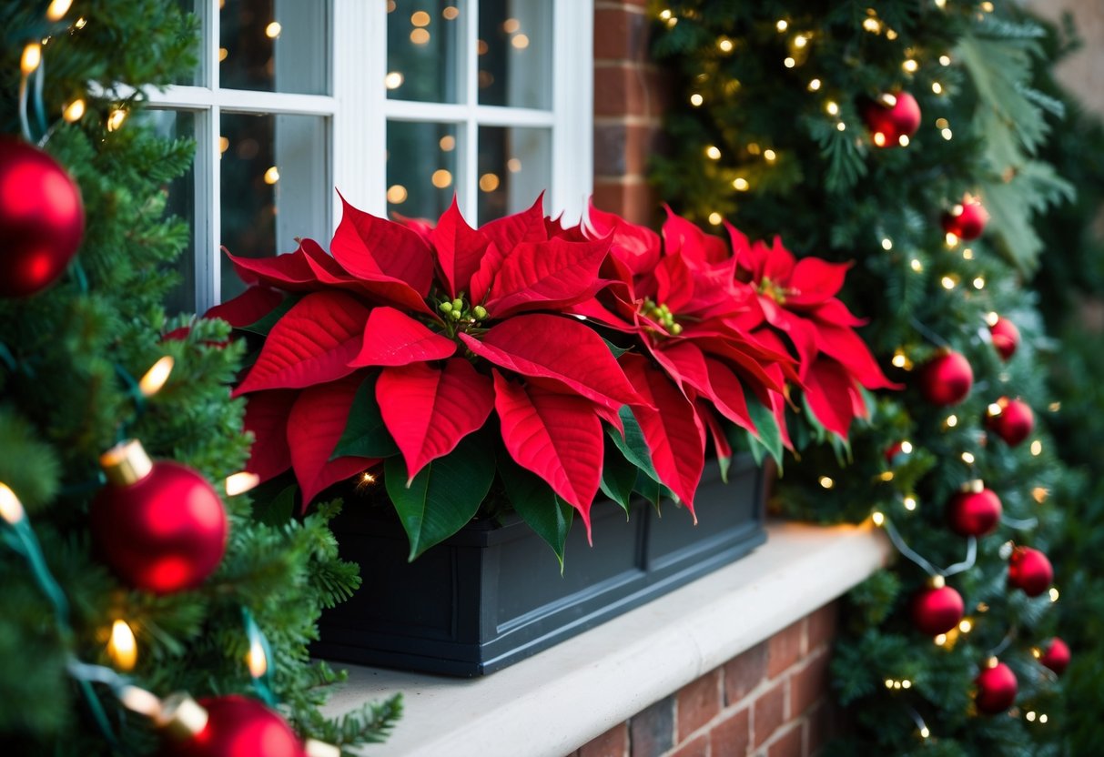 A window box filled with vibrant red velvet poinsettias surrounded by lush greenery and twinkling fairy lights, creating a festive and inviting Christmas display