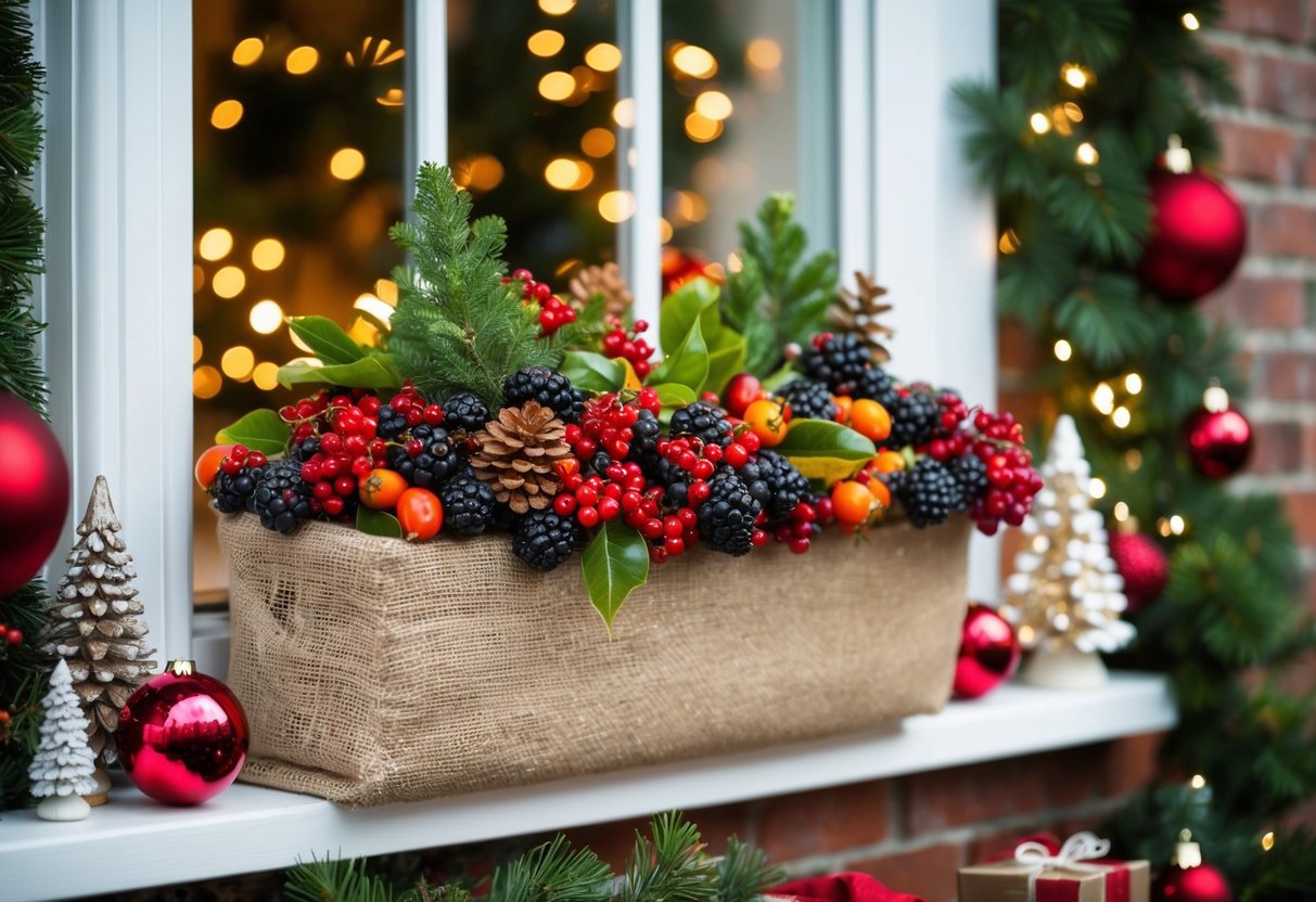 A window box filled with a mix of berries and burlap, surrounded by festive Christmas decor