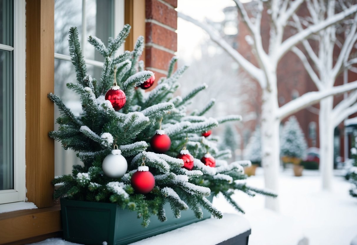 Snow-dusted branches adorned with festive decorations in a window box