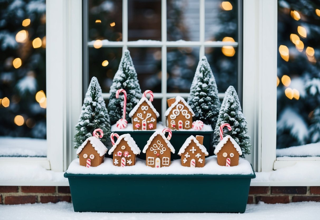 A festive window box filled with miniature gingerbread houses, candy canes, and snow-covered pine trees