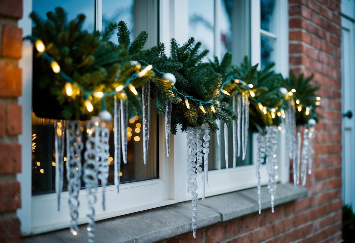 Icicle garlands hang from window boxes, adorned with festive decorations and twinkling lights