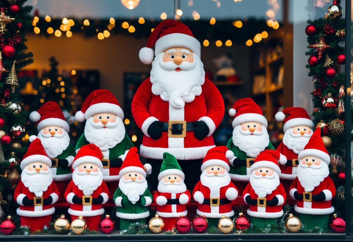 A cozy storefront window display featuring 15 unique handmade Santa figurines surrounded by festive Christmas decorations