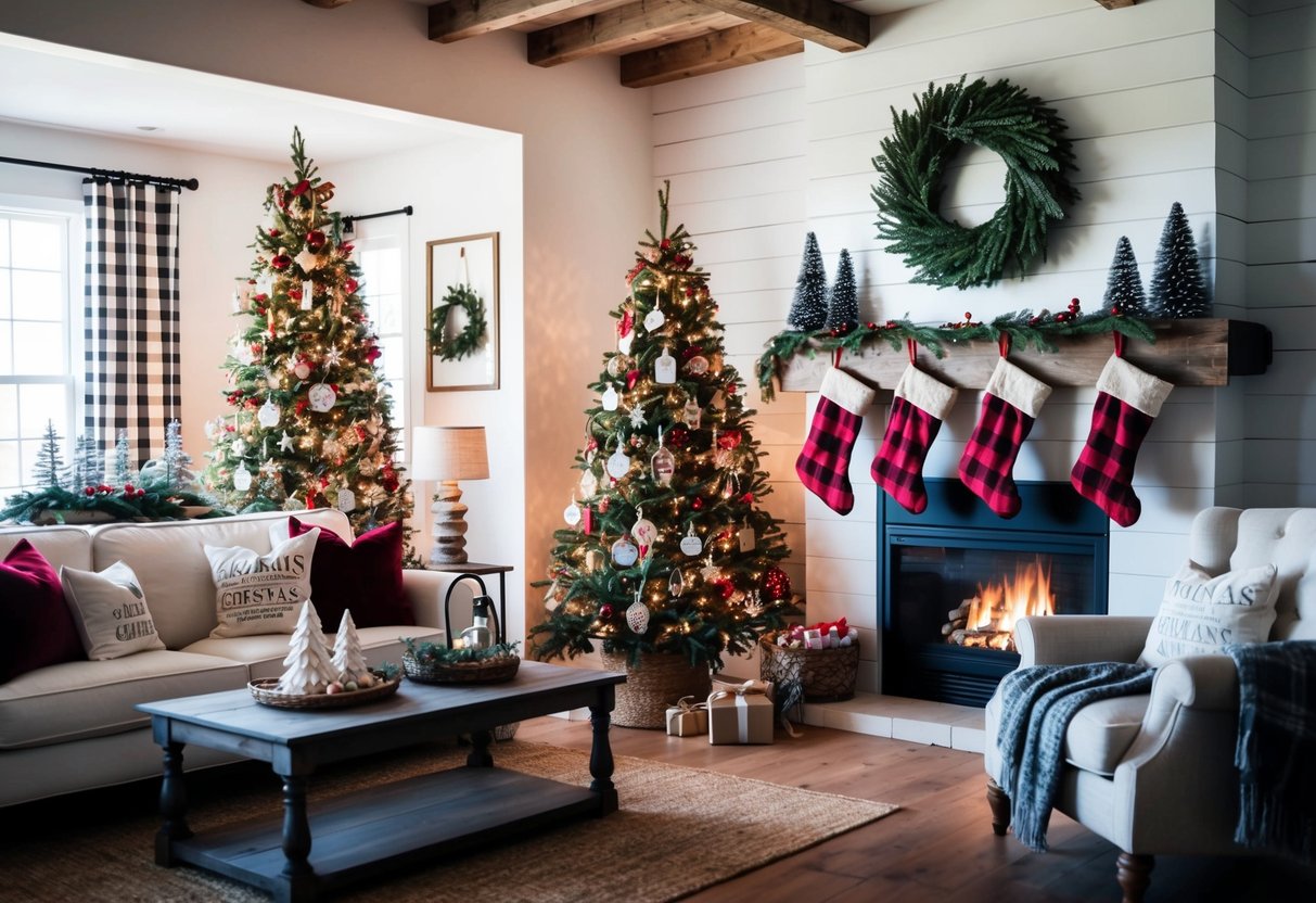 A cozy farmhouse living room adorned with rustic Christmas decor, including a festive wreath, plaid stockings, and a glowing fireplace