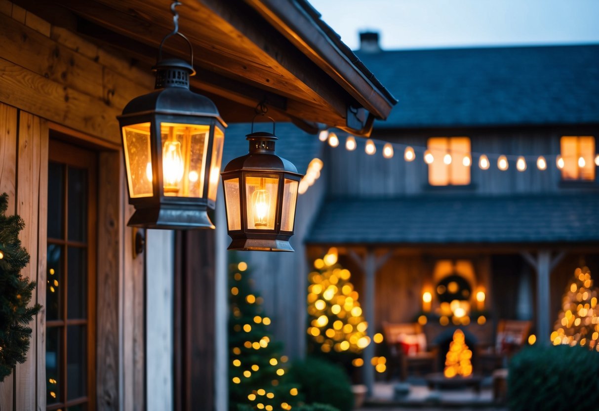 A cozy farmhouse scene with vintage lanterns hanging from the eaves, casting a warm glow over a rustic Christmas display