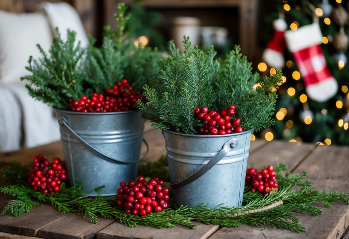 A rustic farmhouse setting with galvanized metal buckets filled with greenery and red berries, surrounded by cozy Christmas decor