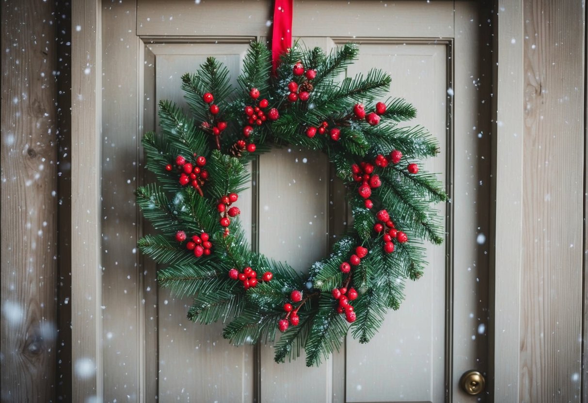 A pine wreath with red berries hangs on a rustic farmhouse door. Snowflakes fall gently in the background, creating a cozy Christmas atmosphere