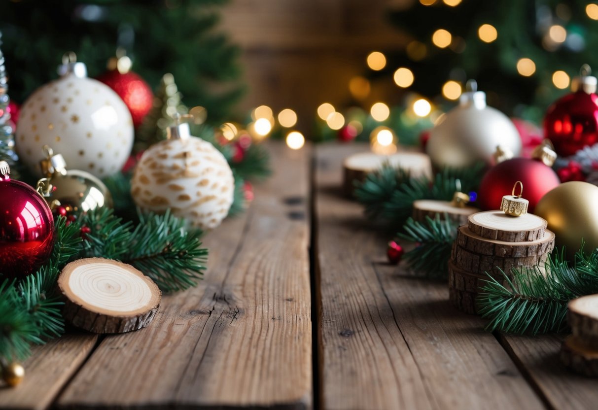 A rustic wooden table adorned with various farmhouse-themed Christmas ornaments, including wood slice ornaments, surrounded by festive decor