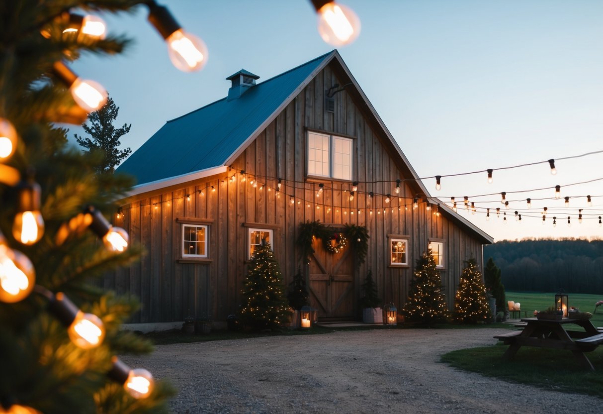 A rustic farmhouse adorned with Edison bulb string lights, creating a warm and cozy Christmas ambiance