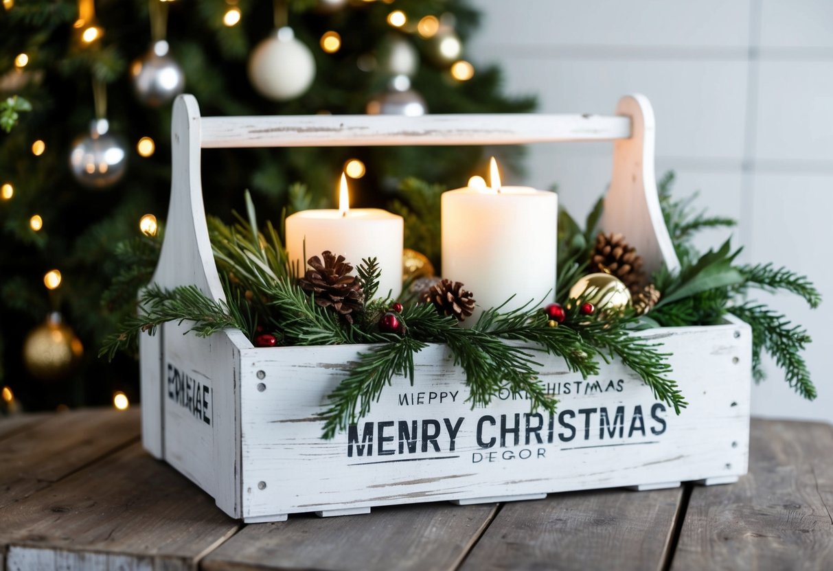 A whitewashed wooden crate filled with rustic farmhouse Christmas decor, including greenery, candles, and ornaments