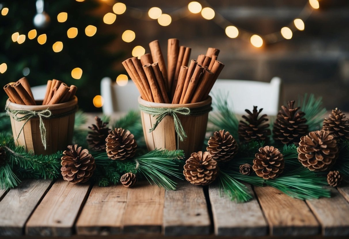 A rustic table adorned with cinnamon stick bundles, pinecones, and greenery for farmhouse Christmas decor