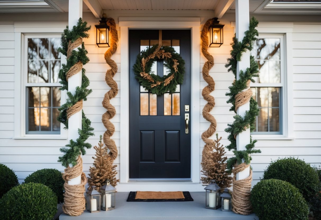 A rustic farmhouse adorned with jute twine garlands, hanging from the porch and wrapped around the door frame. A cozy and festive Christmas scene