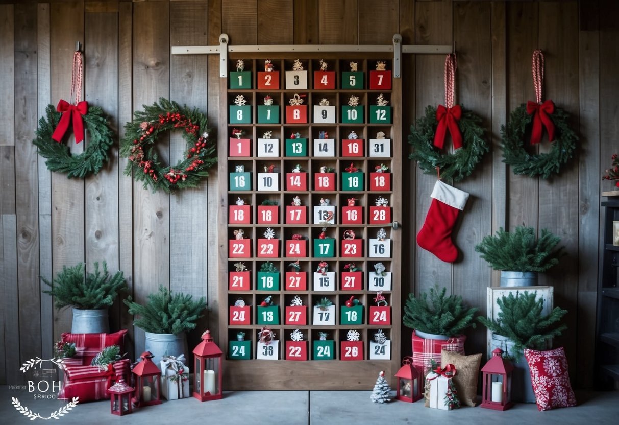 A rustic barn door adorned with 24 numbered compartments, each filled with festive decorations and trinkets. Surrounding the door are various farmhouse Christmas decor items such as wreaths, stockings, and lanterns