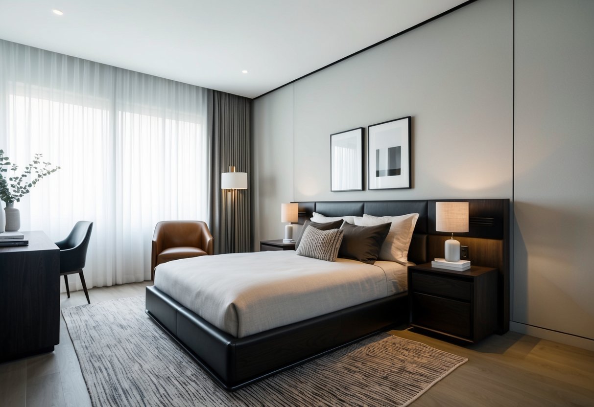 A modern bedroom with dark wood furniture, neutral tones, and minimal decor. A sleek desk and leather armchair add a touch of sophistication