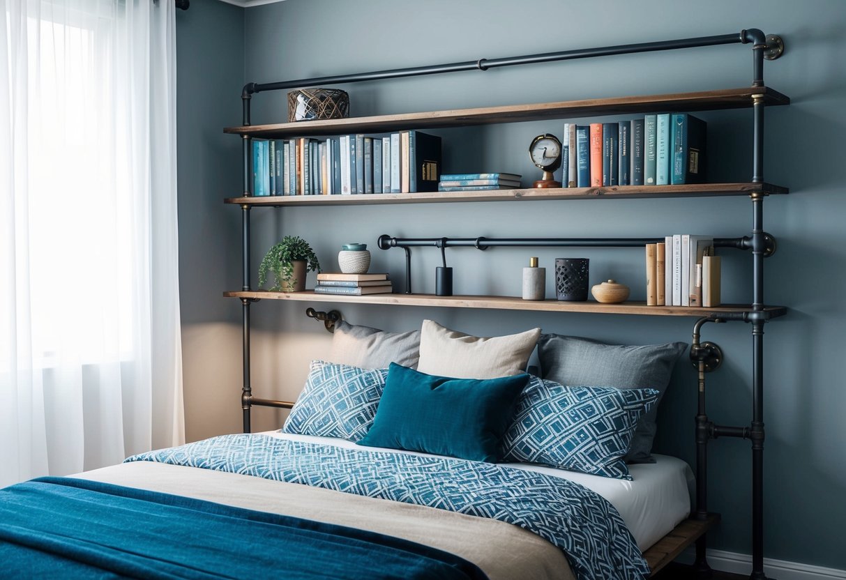 A bedroom with a modern industrial pipe bookshelf filled with books and decorative items, creating a stylish and functional space for a man