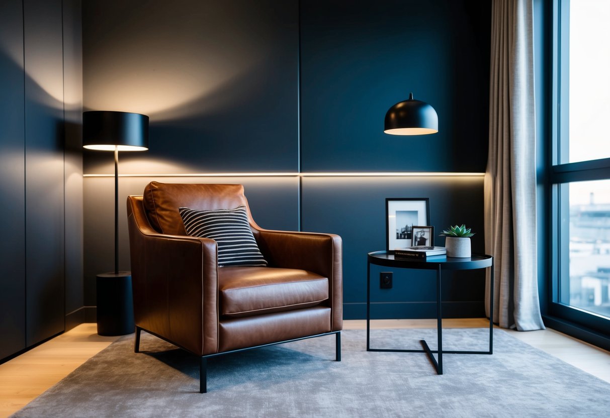 A leather armchair sits in a modern bedroom with masculine decor, including dark colors and clean lines